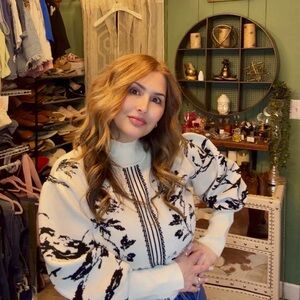 Black & Cream Floral Mock Neck Sweater| Lantern Sleeve| Cozy Knit| Sz Small| NWT